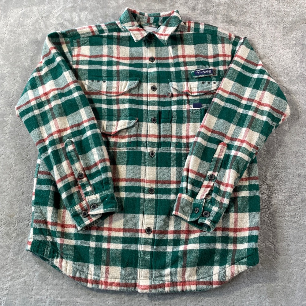 Columbia Green and Red Plaid Casual Button Down Shirt